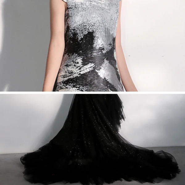 Chinese style Black Birthday Flower Girl Dresses 2020 A-Line / Princess High Neck Cap Sleeves Glitter Tulle Detachable Court Train