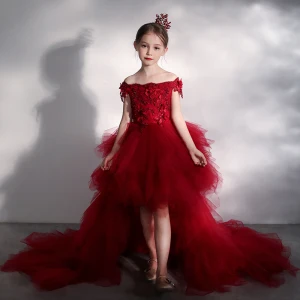 High Low Red Birthday Flower Girl Dresses 2020 Ball Gown Off The Shoulder Short Sleeve Backless Appliques Flower Beading Asymmetrical Court Train Cascading Ruffles