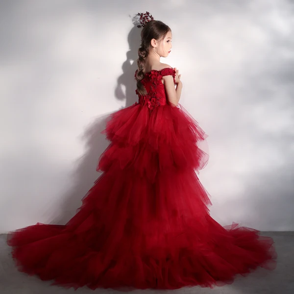 High Low Red Birthday Flower Girl Dresses 2020 Ball Gown Off-The-Shoulder Short Sleeve Backless Appliques Flower Beading Asymmetrical Court Train Cascading Ruffles
