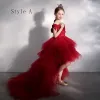 High Low Red Birthday Flower Girl Dresses 2020 Ball Gown Off-The-Shoulder Short Sleeve Backless Appliques Flower Beading Asymmetrical Court Train Cascading Ruffles