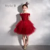High Low Red Birthday Flower Girl Dresses 2020 Ball Gown Off-The-Shoulder Short Sleeve Backless Appliques Flower Beading Asymmetrical Court Train Cascading Ruffles