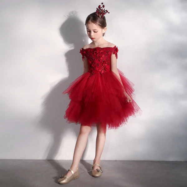High Low Red Birthday Flower Girl Dresses 2020 Ball Gown Off-The-Shoulder Short Sleeve Backless Appliques Flower Beading Asymmetrical Court Train Cascading Ruffles