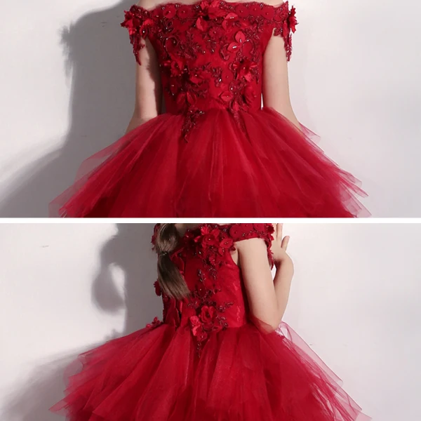 High Low Red Birthday Flower Girl Dresses 2020 Ball Gown Off-The-Shoulder Short Sleeve Backless Appliques Flower Beading Asymmetrical Court Train Cascading Ruffles