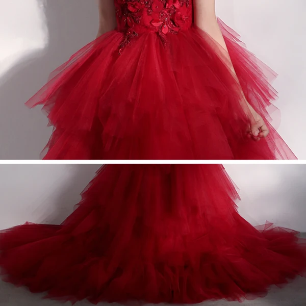 High Low Red Birthday Flower Girl Dresses 2020 Ball Gown Off-The-Shoulder Short Sleeve Backless Appliques Flower Beading Asymmetrical Court Train Cascading Ruffles