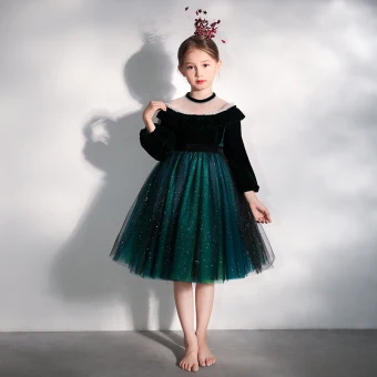 Chic Beautiful Dark Green Suede See Through Birthday Flower Girl Dresses 2020 Ball Gown High Neck Puffy Long Sleeve Bow Sash Glitter Tulle Short Ruffle