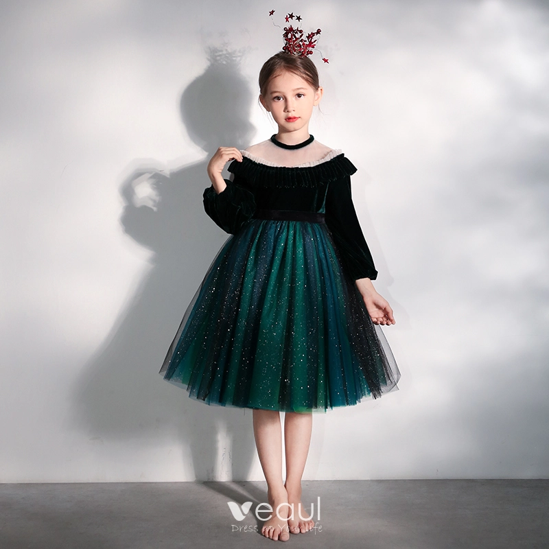 Chic / Beautiful Dark Green Suede See-through Birthday Flower Girl Dresses 2020 Ball Gown High Neck Puffy Long Sleeve Bow Sash Glitter Tulle Short