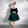 Chic / Beautiful Dark Green Suede See-through Birthday Flower Girl Dresses 2020 Ball Gown High Neck Puffy Long Sleeve Bow Sash Glitter Tulle Short Ruffle