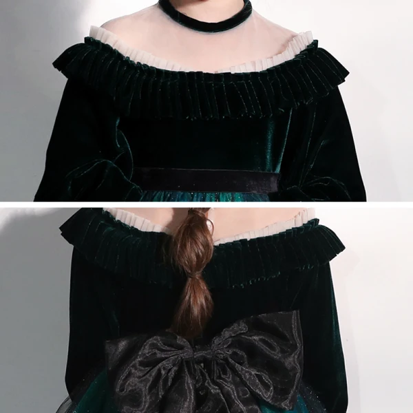 Schöne Dunkelgrün Wildleder Durchsichtige Geburtstag Blumenmädchenkleider 2020 Ballkleid Stehkragen Geschwollenes Lange Ärmel Schleife Stoffgürtel Glanz Tülle Kurze Rüschen