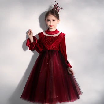 Vintage Originale Bordeaux Velour Transparentes Anniversaire Robe Ceremonie Fille 2020 Robe Boule Col Haut Gonflée Manches Longues Paillettes Noeud Glitter Tulle Thé Longueur Volants
