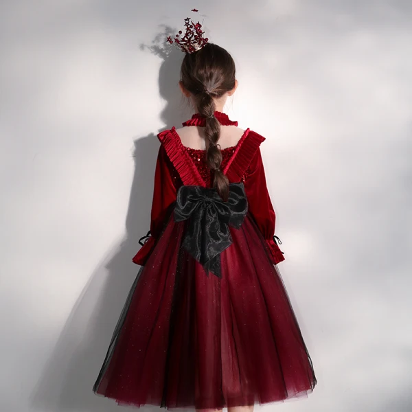 Vintage / Retro Burgundy Velour See-through Birthday Flower Girl Dresses 2020 Ball Gown High Neck Puffy Long Sleeve Sequins Bow Glitter Tulle Tea-length Ruffle
