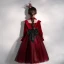 Vintage / Retro Burgundy Velour See-through Birthday Flower Girl Dresses 2020 Ball Gown High Neck Puffy Long Sleeve Sequins Bow Glitter Tulle Tea-length Ruffle