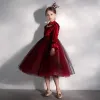 Vintage / Retro Burgundy Velour See-through Birthday Flower Girl Dresses 2020 Ball Gown High Neck Puffy Long Sleeve Sequins Bow Glitter Tulle Tea-length Ruffle