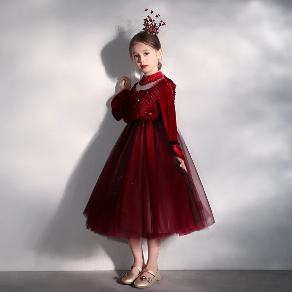 Vintage / Retro Burgundy Velour See-through Birthday Flower Girl Dresses 2020 Ball Gown High Neck Puffy Long Sleeve Sequins Bow Glitter Tulle Tea-length Ruffle