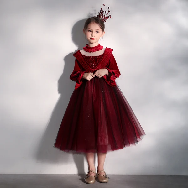 Vintage / Retro Burgundy Velour See-through Birthday Flower Girl Dresses 2020 Ball Gown High Neck Puffy Long Sleeve Sequins Bow Glitter Tulle Tea-length Ruffle