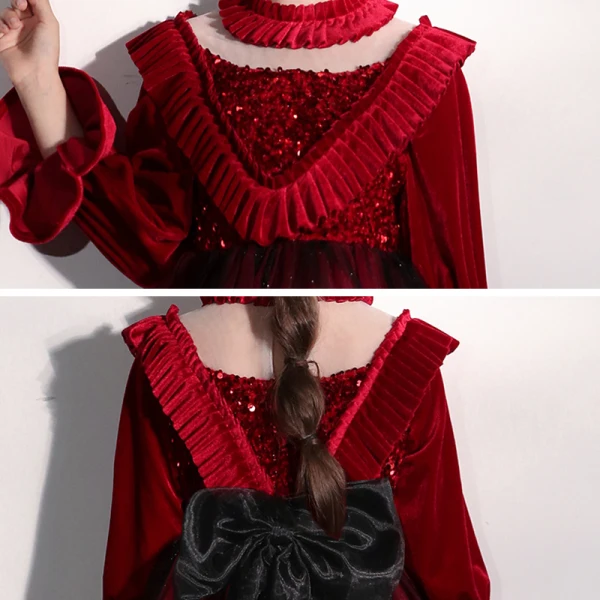 Vintage / Retro Burgundy Velour See-through Birthday Flower Girl Dresses 2020 Ball Gown High Neck Puffy Long Sleeve Sequins Bow Glitter Tulle Tea-length Ruffle