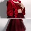 Vintage / Retro Burgundy Velour See-through Birthday Flower Girl Dresses 2020 Ball Gown High Neck Puffy Long Sleeve Sequins Bow Glitter Tulle Tea-length Ruffle