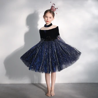 Chic Belle Bleu Marine Transparentes Anniversaire Robe Ceremonie Fille 2020 Robe Boule Col Haut Gonflée 3 4 Manches Noeud Glitter Paillettes Tulle Courte Volants