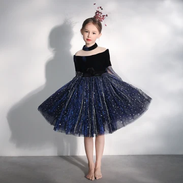 Chic Belle Bleu Marine Transparentes Anniversaire Robe Ceremonie Fille 2020 Robe Boule Col Haut Gonflée 3 4 Manches Noeud Glitter Paillettes Tulle Courte Volants