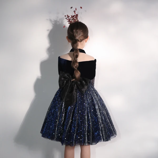 Chic / Belle Bleu Marine Transparentes Anniversaire Robe Ceremonie Fille 2020 Robe Boule Col Haut Gonflée 3/4 Manches Noeud Glitter Paillettes Tulle Courte Volants