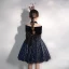 Chic / Belle Bleu Marine Transparentes Anniversaire Robe Ceremonie Fille 2020 Robe Boule Col Haut Gonflée 3/4 Manches Noeud Glitter Paillettes Tulle Courte Volants