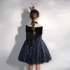 Chic / Beautiful Navy Blue See-through Birthday Flower Girl Dresses 2020 Ball Gown High Neck Puffy 3/4 Sleeve Bow Glitter Sequins Tulle Short Ruffle