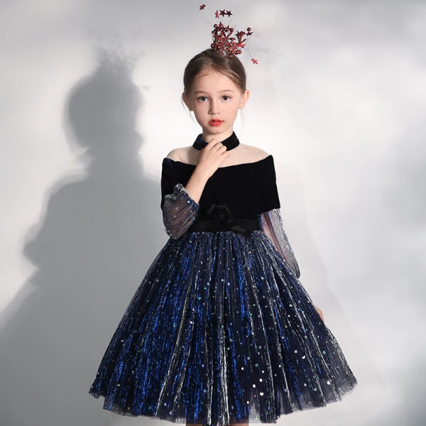Chic / Belle Bleu Marine Transparentes Anniversaire Robe Ceremonie Fille 2020 Robe Boule Col Haut Gonflée 3/4 Manches Noeud Glitter Paillettes Tulle Courte Volants