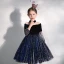 Chic / Belle Bleu Marine Transparentes Anniversaire Robe Ceremonie Fille 2020 Robe Boule Col Haut Gonflée 3/4 Manches Noeud Glitter Paillettes Tulle Courte Volants