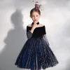 Chic / Beautiful Navy Blue See-through Birthday Flower Girl Dresses 2020 Ball Gown High Neck Puffy 3/4 Sleeve Bow Glitter Sequins Tulle Short Ruffle