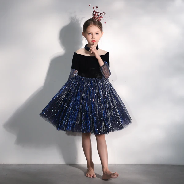 Chic / Belle Bleu Marine Transparentes Anniversaire Robe Ceremonie Fille 2020 Robe Boule Col Haut Gonflée 3/4 Manches Noeud Glitter Paillettes Tulle Courte Volants