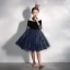 Chic / Belle Bleu Marine Transparentes Anniversaire Robe Ceremonie Fille 2020 Robe Boule Col Haut Gonflée 3/4 Manches Noeud Glitter Paillettes Tulle Courte Volants