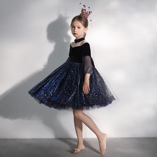 Chic / Belle Bleu Marine Transparentes Anniversaire Robe Ceremonie Fille 2020 Robe Boule Col Haut Gonflée 3/4 Manches Noeud Glitter Paillettes Tulle Courte Volants