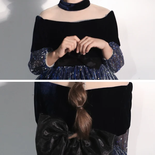 Chic / Belle Bleu Marine Transparentes Anniversaire Robe Ceremonie Fille 2020 Robe Boule Col Haut Gonflée 3/4 Manches Noeud Glitter Paillettes Tulle Courte Volants