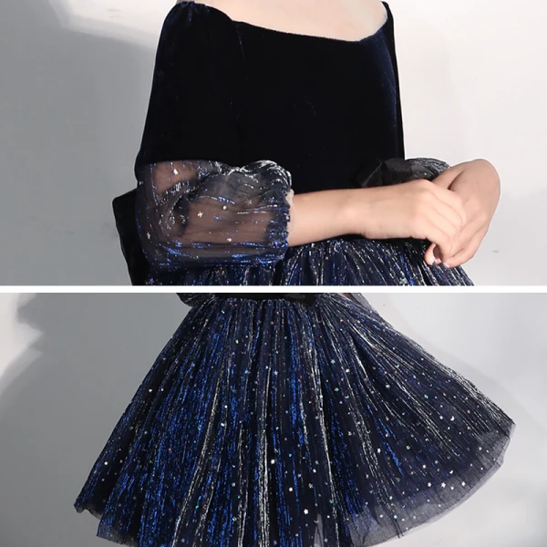 Chic / Belle Bleu Marine Transparentes Anniversaire Robe Ceremonie Fille 2020 Robe Boule Col Haut Gonflée 3/4 Manches Noeud Glitter Paillettes Tulle Courte Volants