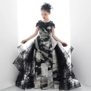 Fancy Black Gold Birthday Wedding Party Dresses 2020 Ball Gown Scoop Neck Short Sleeve Printing Split Front Floor Length Long Ruffle
