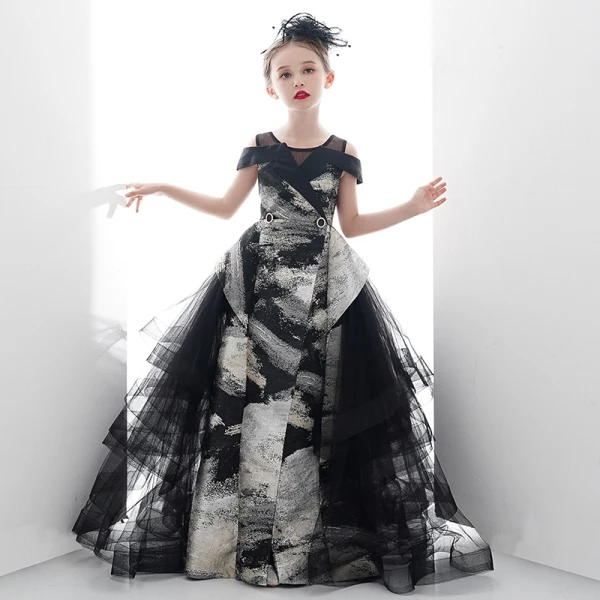 Fancy Black Gold Birthday Wedding Party Dresses 2020 Ball Gown Scoop Neck Short Sleeve Printing Split Front Floor-Length / Long Ruffle