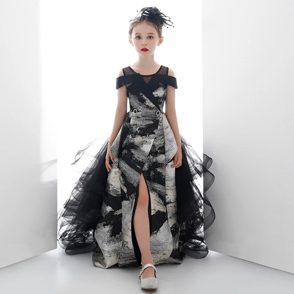 Fancy Black Gold Birthday Wedding Party Dresses 2020 Ball Gown Scoop Neck Short Sleeve Printing Split Front Floor-Length / Long Ruffle