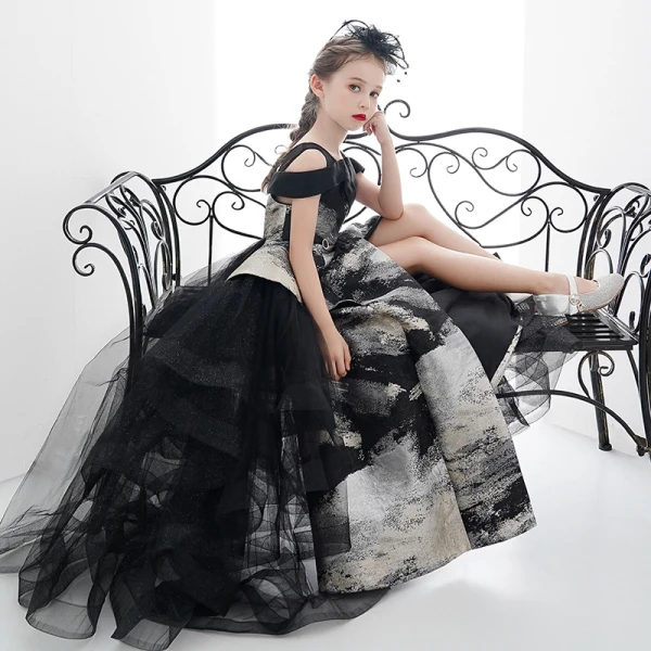 Fancy Black Gold Birthday Wedding Party Dresses 2020 Ball Gown Scoop Neck Short Sleeve Printing Split Front Floor-Length / Long Ruffle