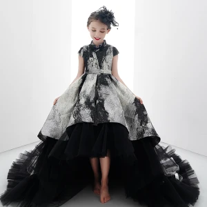 Haute Basse Noire Doré Anniversaire Robe Ceremonie Fille 2020 Robe Boule Col Haut Mancherons Ceinture Impression Tulle Asymétrique Volants