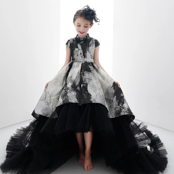 High Low Black Gold Birthday Flower Girl Dresses 2020 Ball Gown High Neck Cap Sleeves Sash Printing Tulle Asymmetrical Ruffle