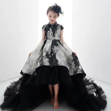 Haute Basse Noire Doré Anniversaire Robe Ceremonie Fille 2020 Robe Boule Col Haut Mancherons Ceinture Impression Tulle Asymétrique Volants
