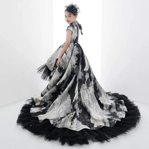 High Low Black Gold Birthday Flower Girl Dresses 2020 Ball Gown High Neck Cap Sleeves Sash Printing Tulle Asymmetrical Ruffle High Low Black Gold Birthday Flower Girl Dresses 2020 Ball Gown High Neck Cap Sleeves Sash Printing Tulle Asymmetrical Ruffle