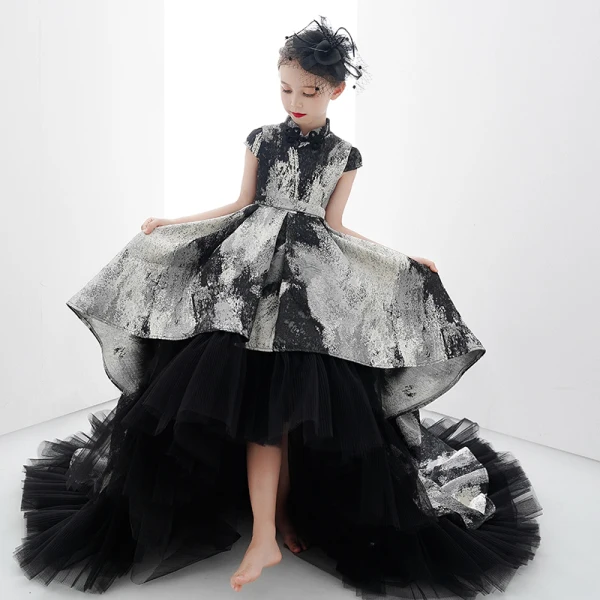 High Low Black Gold Birthday Flower Girl Dresses 2020 Ball Gown High Neck Cap Sleeves Sash Printing Tulle Asymmetrical Ruffle