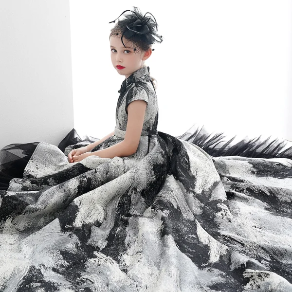 High Low Black Gold Birthday Flower Girl Dresses 2020 Ball Gown High Neck  Cap Sleeves Sash Printing Tulle Asymmetrical Ruffle