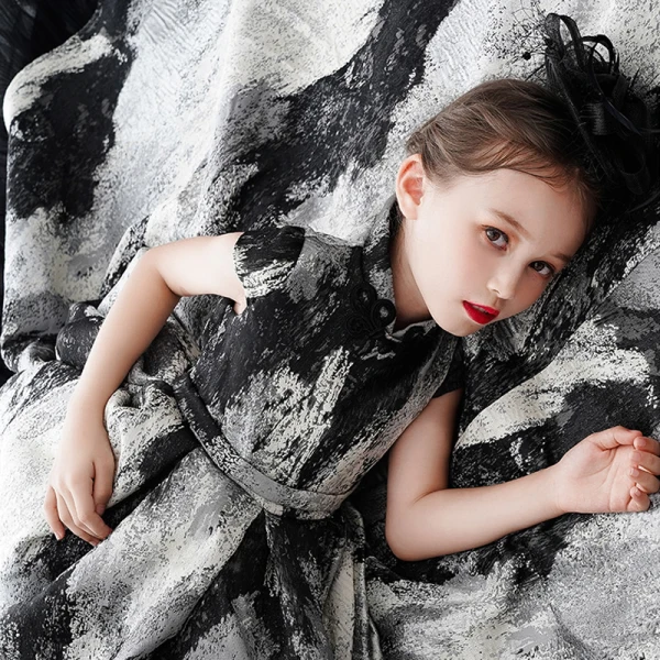 High Low Black Gold Birthday Flower Girl Dresses 2020 Ball Gown High Neck  Cap Sleeves Sash Printing Tulle Asymmetrical Ruffle