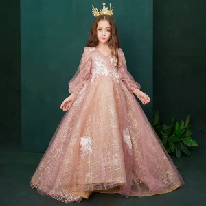 Style Victorien Perle Rose Anniversaire Robe Ceremonie Fille 2020 Princesse V Cou Gonflée Manches Longues Dos Nu Appliques En Dentelle Perlage Glitter Tulle Plumes Train De Balayage Volants