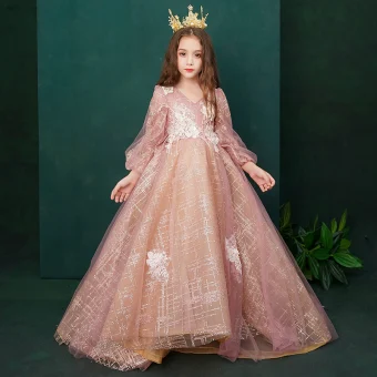 Style Victorien Perle Rose Anniversaire Robe Ceremonie Fille 2020 Princesse V Cou Gonflée Manches Longues Dos Nu Appliques En Dentelle Perlage Glitter Tulle Plumes Train De Balayage Volants