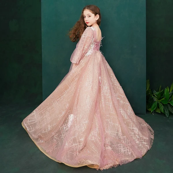 Victorian Style Pearl Pink Birthday Flower Girl Dresses 2020 Princess V-Neck Puffy Long Sleeve Backless Appliques Lace Beading Glitter Tulle Feather Sweep Train Ruffle