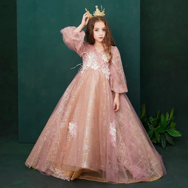 Victorian Style Pearl Pink Birthday Flower Girl Dresses 2020 Princess V-Neck Puffy Long Sleeve Backless Appliques Lace Beading Glitter Tulle Feather Sweep Train Ruffle