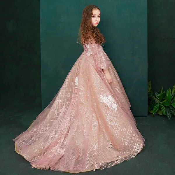 Victorian Style Pearl Pink Birthday Flower Girl Dresses 2020 Princess V-Neck Puffy Long Sleeve Backless Appliques Lace Beading Glitter Tulle Feather Sweep Train Ruffle