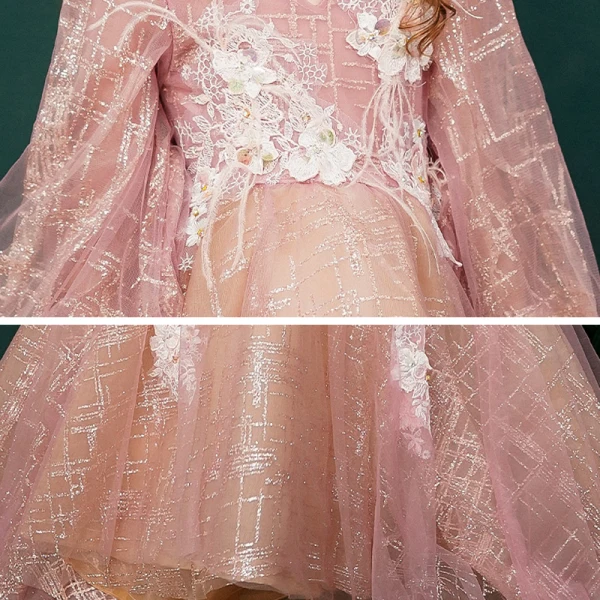 Victorian Style Pearl Pink Birthday Flower Girl Dresses 2020 Princess V-Neck Puffy Long Sleeve Backless Appliques Lace Beading Glitter Tulle Feather Sweep Train Ruffle
